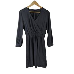Madewell Dress 0 Dark Gray Silk Faux Wrap Elastic Stretch Waist Gathered Neck